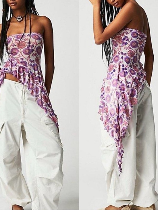 Free People Tops - SOLD Free People Brooke Taylor Fairy Floral Purple Mesh Asymmetrical Tube Top Sz